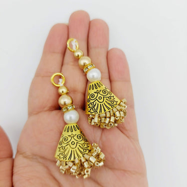 Gold Engraved Flatback Charm Latkan With Beaded Tassels And Pearl Embellishments, Indian Latkans, Gold Beaded Danglers